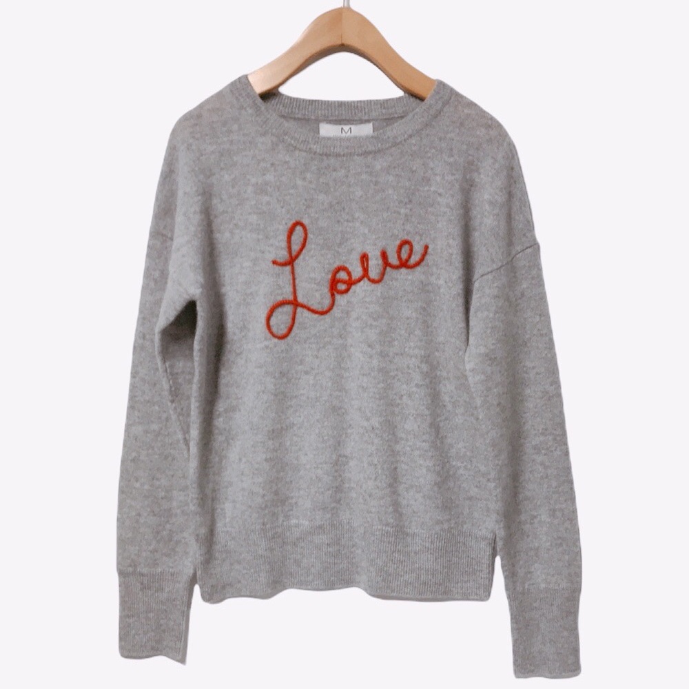 Magaschoni Gray Crewneck Sweater with Red "Love" Script